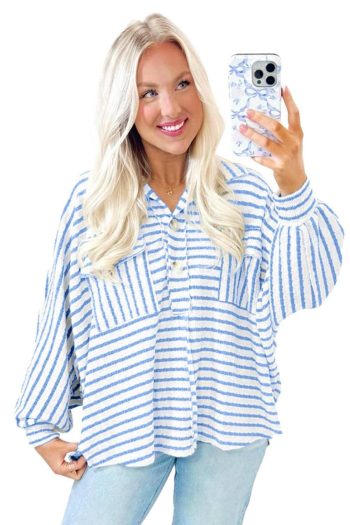 Women Long Sleeve Tops | Sky Blue Striped Half Button Collared Chest Pockets Loose Fit Top