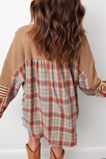 Women Long Sleeve Tops | Straw Yellow Waffle Stripe Plaid Patchwork Henley Top