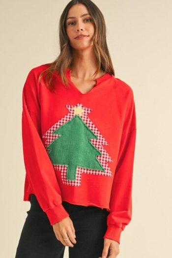 Women Long Sleeve Tops | Tomato Red Christmas Tree Patched V Neck Long Sleeve Pullover