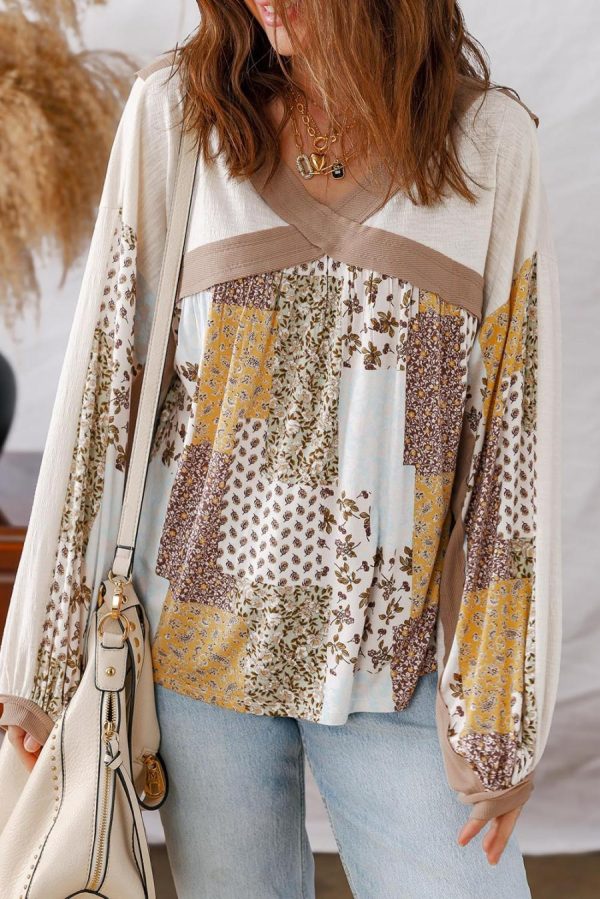 Women Long Sleeve Tops | White Floral Print Patchwork Long Sleeve Top - Image 5