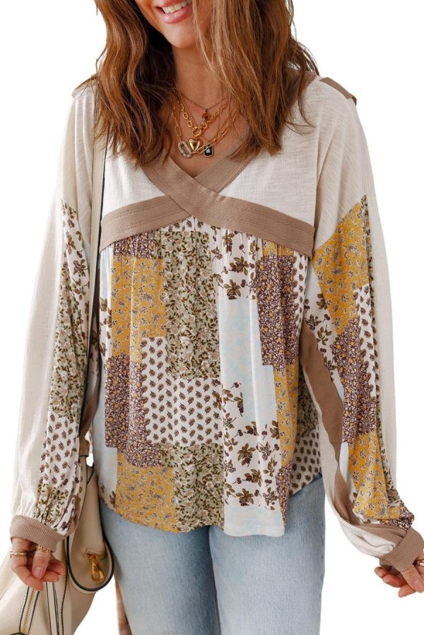 Women Long Sleeve Tops | White Floral Print Patchwork Long Sleeve Top - Image 6