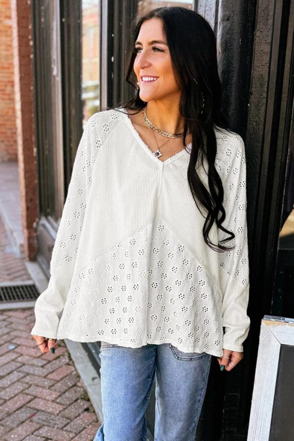 Women Long Sleeve Tops | White Twisted Rib Patchwork Floral Embroidered Loose Long Sleeve Top - Image 5