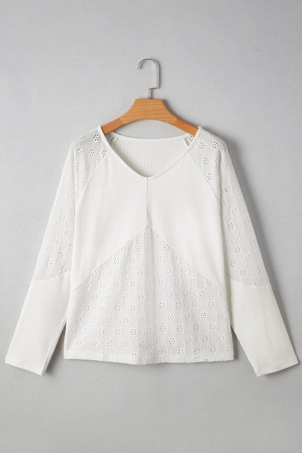Women Long Sleeve Tops | White Twisted Rib Patchwork Floral Embroidered Loose Long Sleeve Top - Image 6