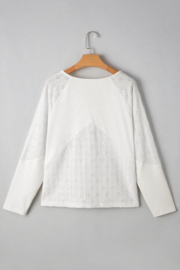 Women Long Sleeve Tops | White Twisted Rib Patchwork Floral Embroidered Loose Long Sleeve Top - Image 7
