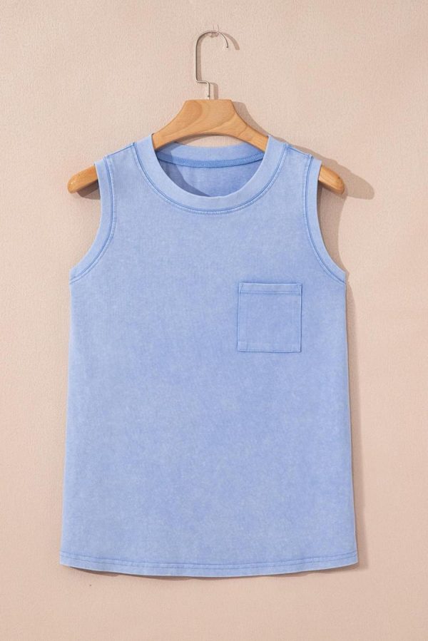 Women Sleeveless Tops | Beau Blue Mineral Wash Patched Chest Pocket Tank Top - Image 3