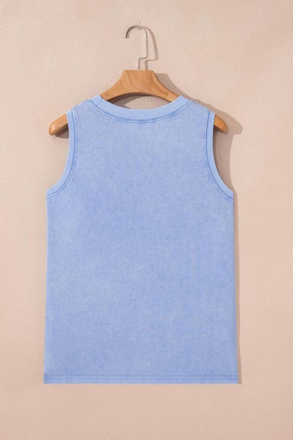 Women Sleeveless Tops | Beau Blue Mineral Wash Patched Chest Pocket Tank Top - Image 4