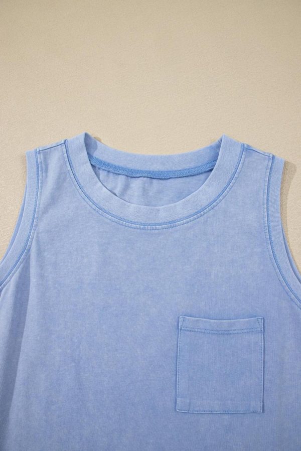 Women Sleeveless Tops | Beau Blue Mineral Wash Patched Chest Pocket Tank Top - Image 5