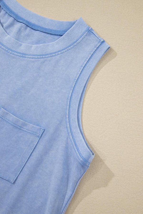 Women Sleeveless Tops | Beau Blue Mineral Wash Patched Chest Pocket Tank Top - Image 7
