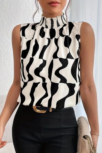 Women Sleeveless Tops | Black Abstract Print Smocked Neck Sleeveless Top