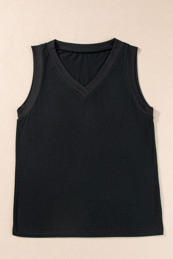Women Sleeveless Tops | Black Contrast Trim V-Neck Loose Fit Tank Top - Image 4