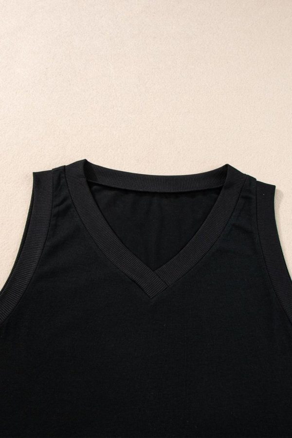 Women Sleeveless Tops | Black Contrast Trim V-Neck Loose Fit Tank Top - Image 5