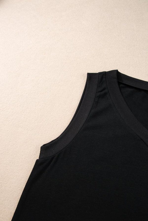 Women Sleeveless Tops | Black Contrast Trim V-Neck Loose Fit Tank Top - Image 7