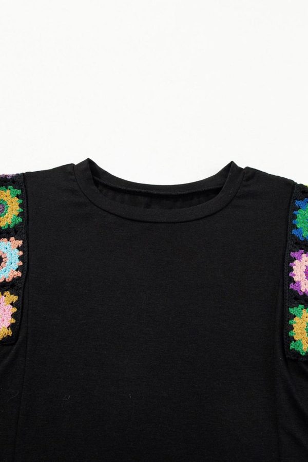 Women Sleeveless Tops | Black Floral Crochet Patchwork Crew Neck Sleeveless Top - Image 3