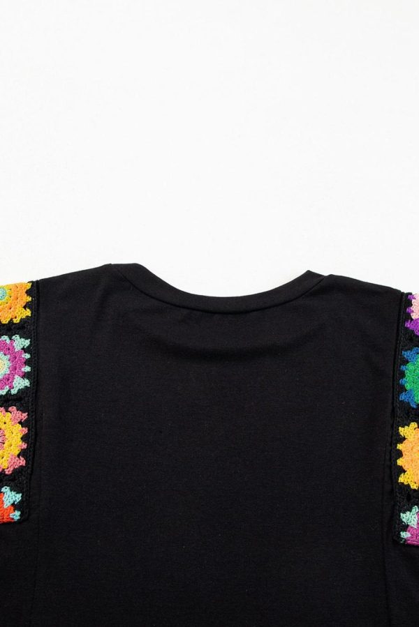 Women Sleeveless Tops | Black Floral Crochet Patchwork Crew Neck Sleeveless Top - Image 4