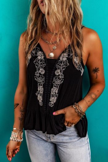 Women Sleeveless Tops | Black Floral Embroidery Ruffled Spaghetti Straps Tank Top