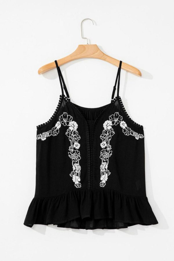 Women Sleeveless Tops | Black Floral Embroidery Ruffled Spaghetti Straps Tank Top - Image 2
