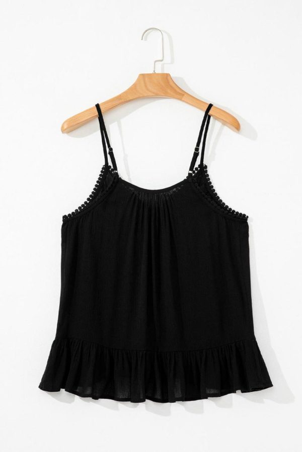 Women Sleeveless Tops | Black Floral Embroidery Ruffled Spaghetti Straps Tank Top - Image 3