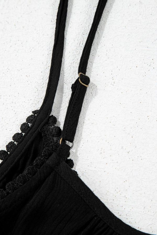 Women Sleeveless Tops | Black Floral Embroidery Ruffled Spaghetti Straps Tank Top - Image 5