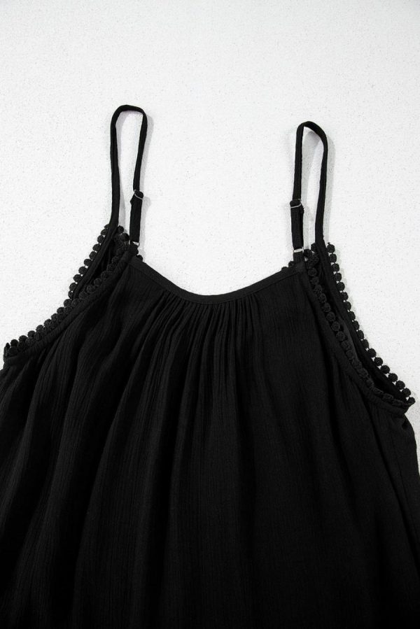 Women Sleeveless Tops | Black Floral Embroidery Ruffled Spaghetti Straps Tank Top - Image 6