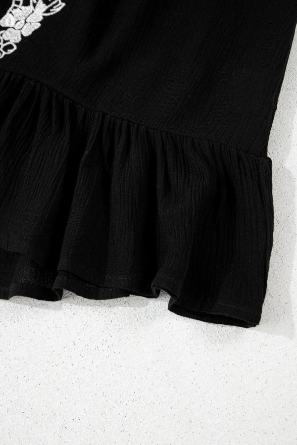 Women Sleeveless Tops | Black Floral Embroidery Ruffled Spaghetti Straps Tank Top - Image 7