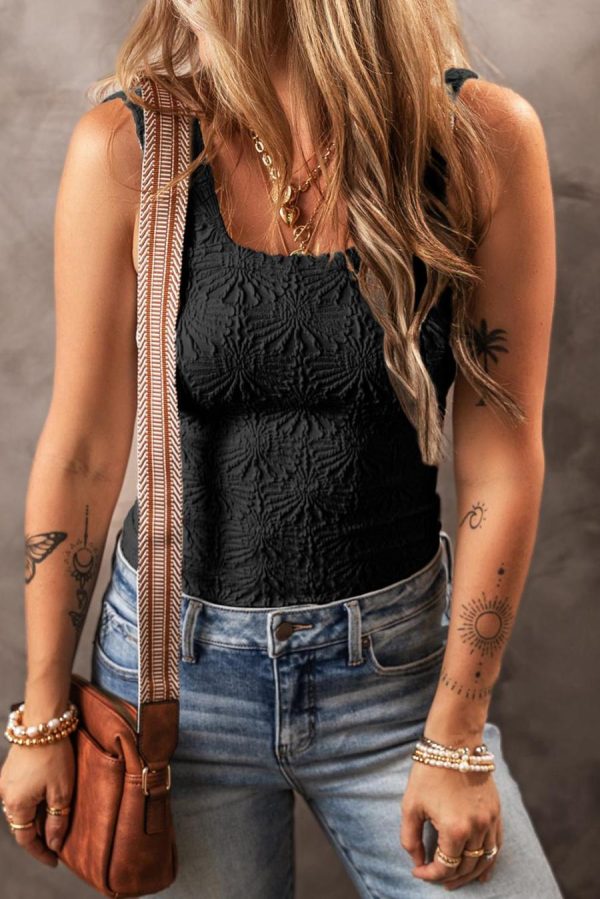 Women Sleeveless Tops | Black Floral Jacquard Square Neck Tank Top - Image 2