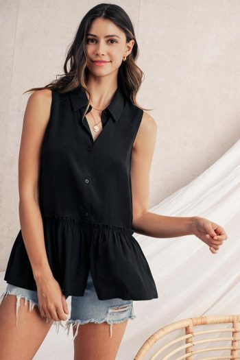 Women Sleeveless Tops | Black Plain Frill Ruffle Hem Sleeveless Shirt