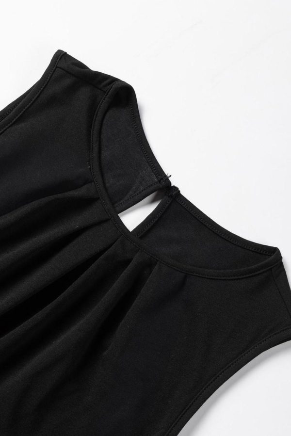 Women Sleeveless Tops | Black Pleated Round Neck Sleeveless Top - Image 4
