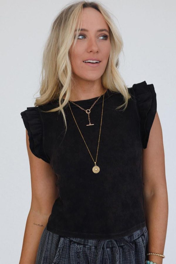 Women Sleeveless Tops | Black Ruffle Crew Neck Slim Fit Top - Image 2