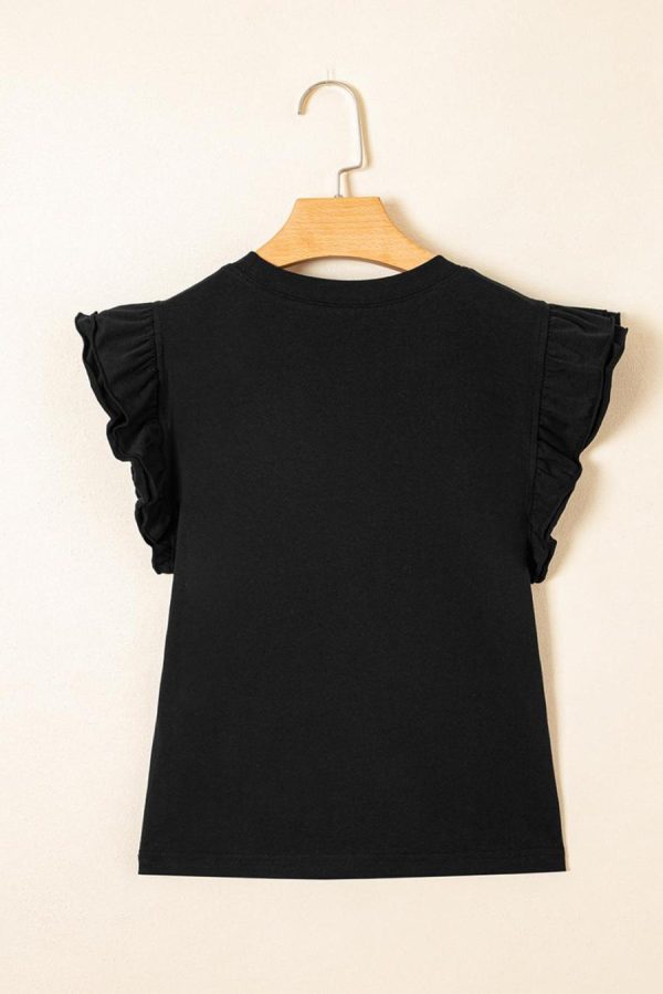 Women Sleeveless Tops | Black Ruffle Crew Neck Slim Fit Top - Image 4