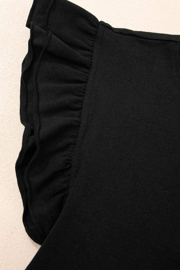 Women Sleeveless Tops | Black Ruffle Crew Neck Slim Fit Top - Image 6