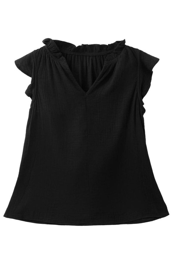 Women Sleeveless Tops | Black Ruffle Shoulder V Neck Sleeveless Top - Image 7