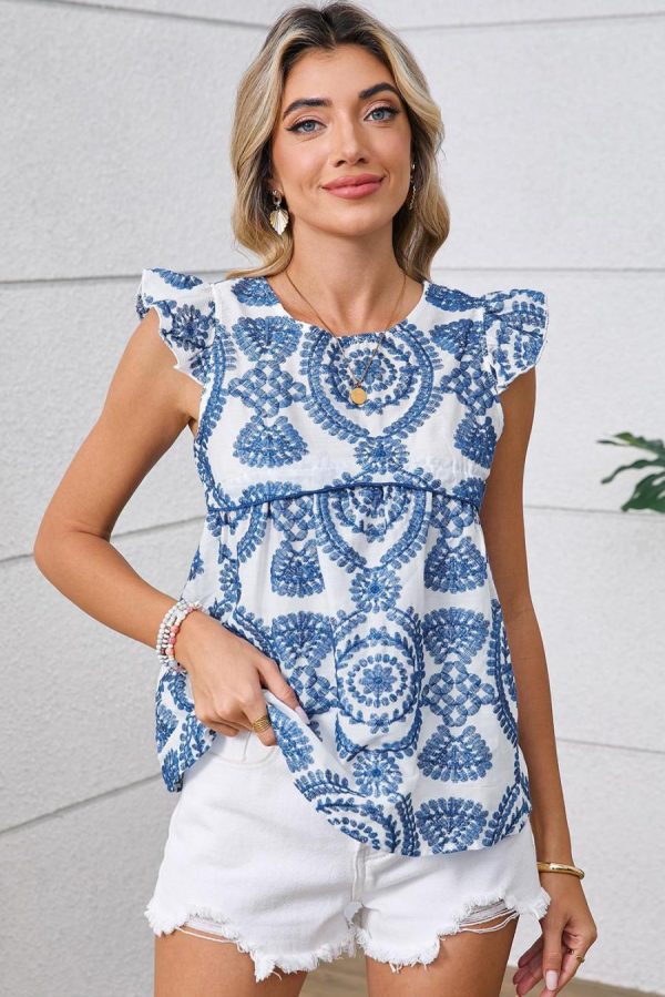 Women Sleeveless Tops | Blue Boho Floral Ruffle Sleeveless Blouse - Image 3