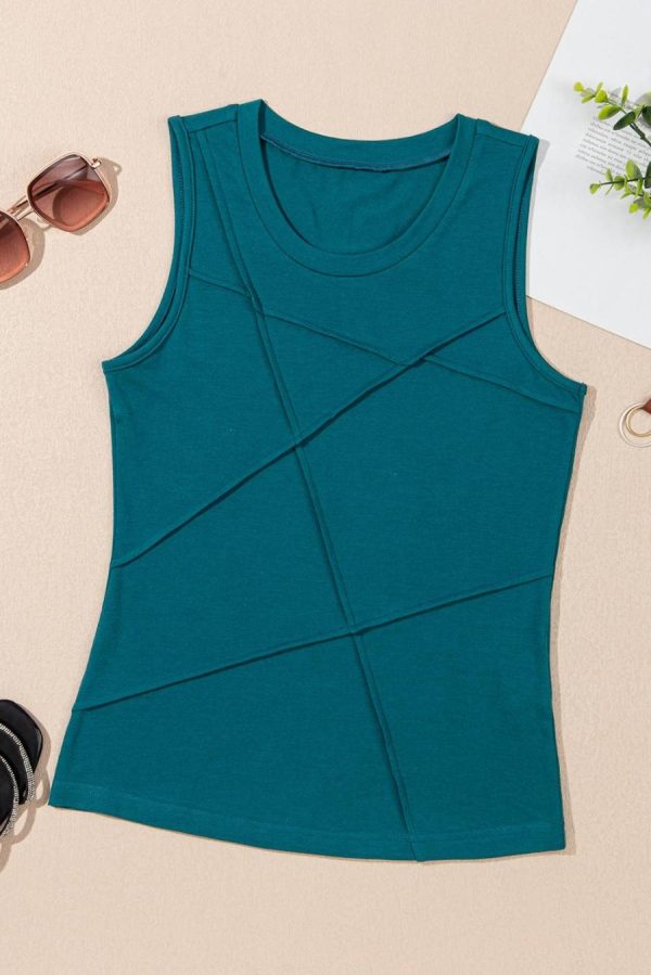 Women Sleeveless Tops | Blue Sapphire Solid Color Stitching Detail Round Neck Tank Top - Image 4