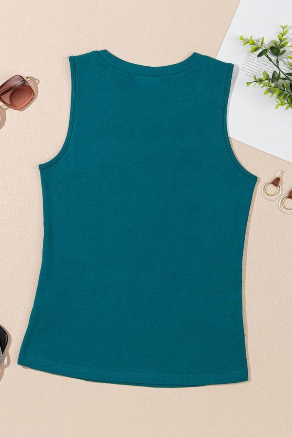 Women Sleeveless Tops | Blue Sapphire Solid Color Stitching Detail Round Neck Tank Top - Image 5