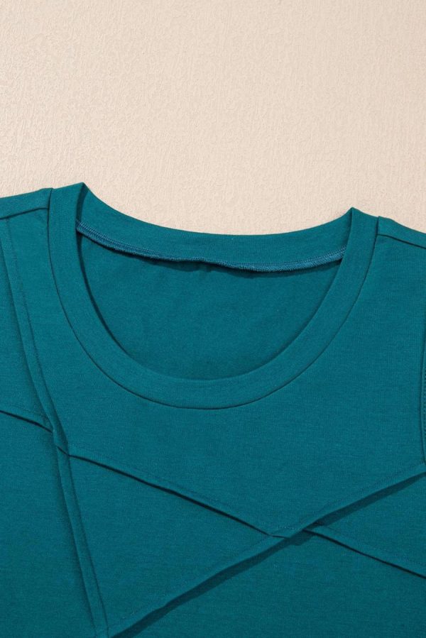 Women Sleeveless Tops | Blue Sapphire Solid Color Stitching Detail Round Neck Tank Top - Image 6