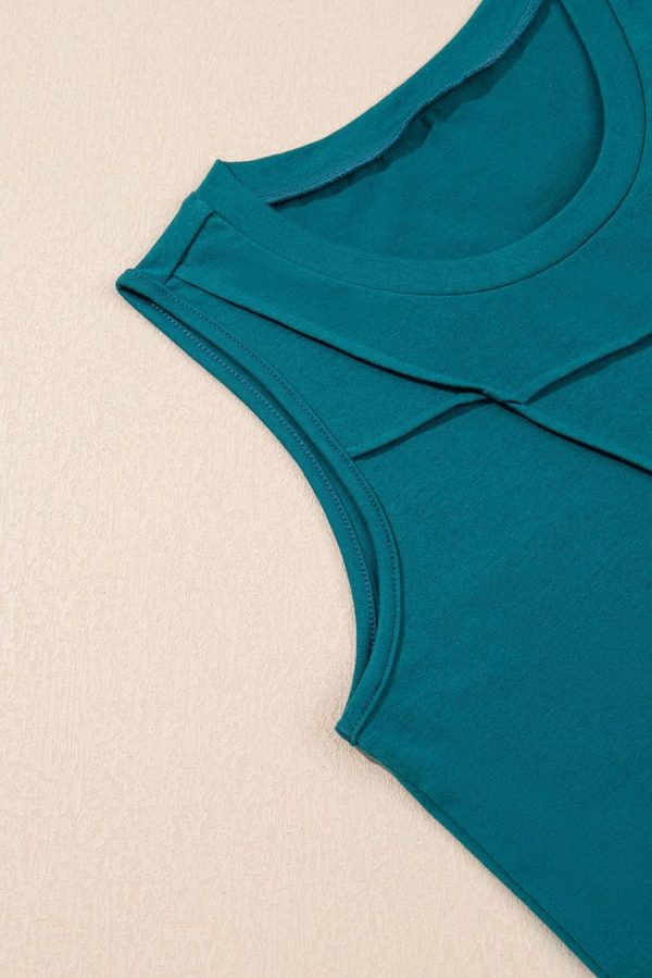 Women Sleeveless Tops | Blue Sapphire Solid Color Stitching Detail Round Neck Tank Top - Image 7