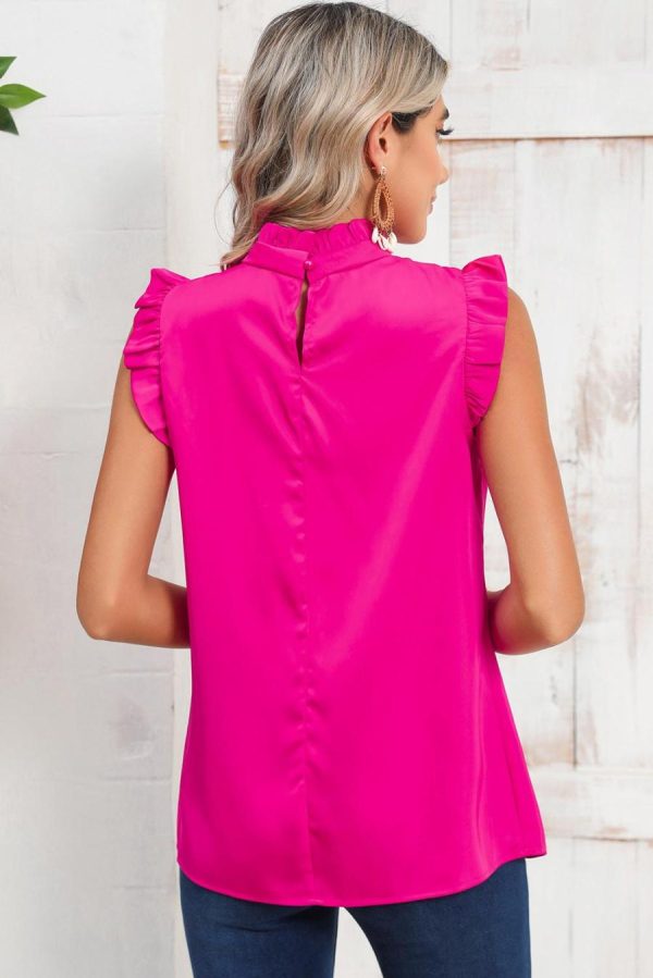 Women Sleeveless Tops | Bright Pink Frilled Trim Sleeveless Pleated Blouse - Image 4