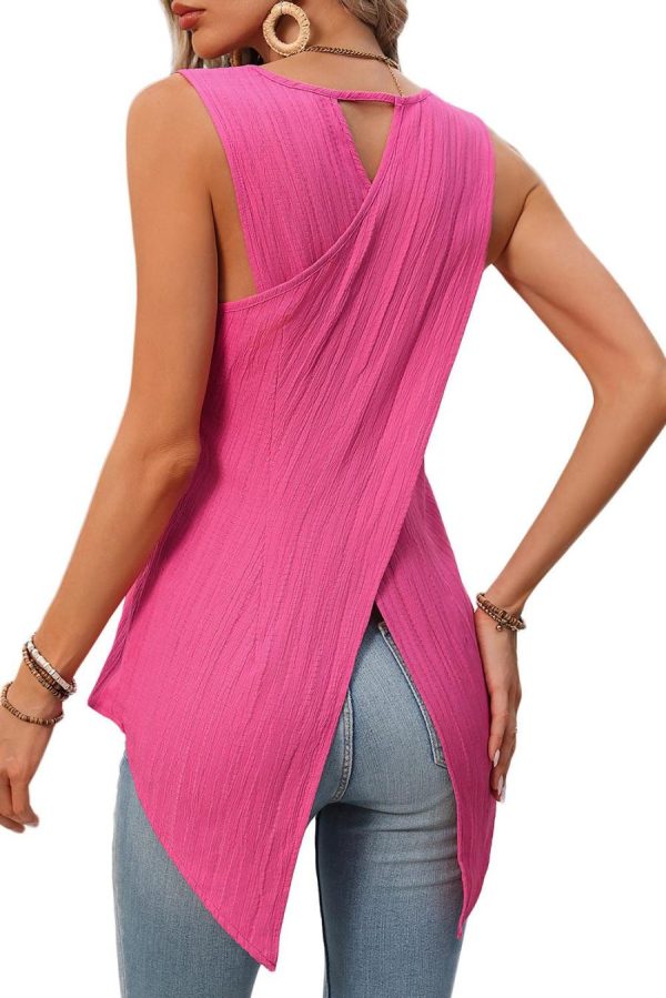 Women Sleeveless Tops | Bright Pink Solid Color Cross Irregular Sleeveless Top - Image 2