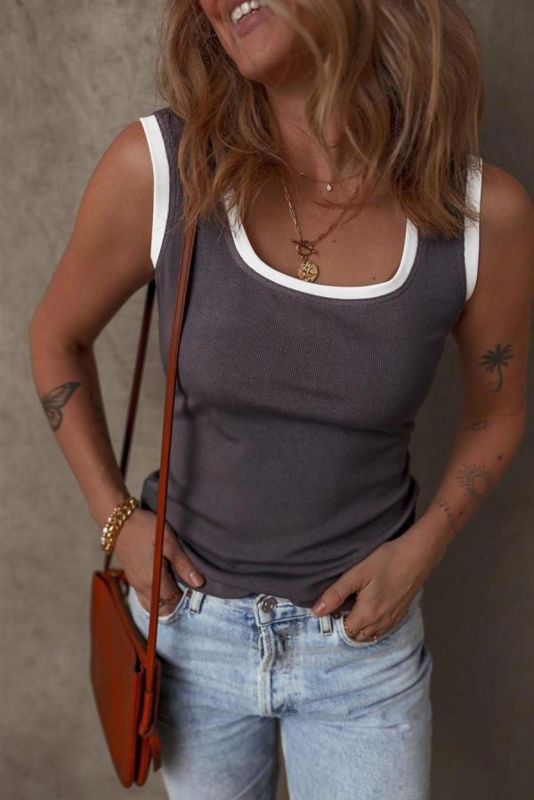 Women Sleeveless Tops | Carbon Grey Ribbed Knit Contrast Edge U Neck Slim Fit Tank Top - Image 3