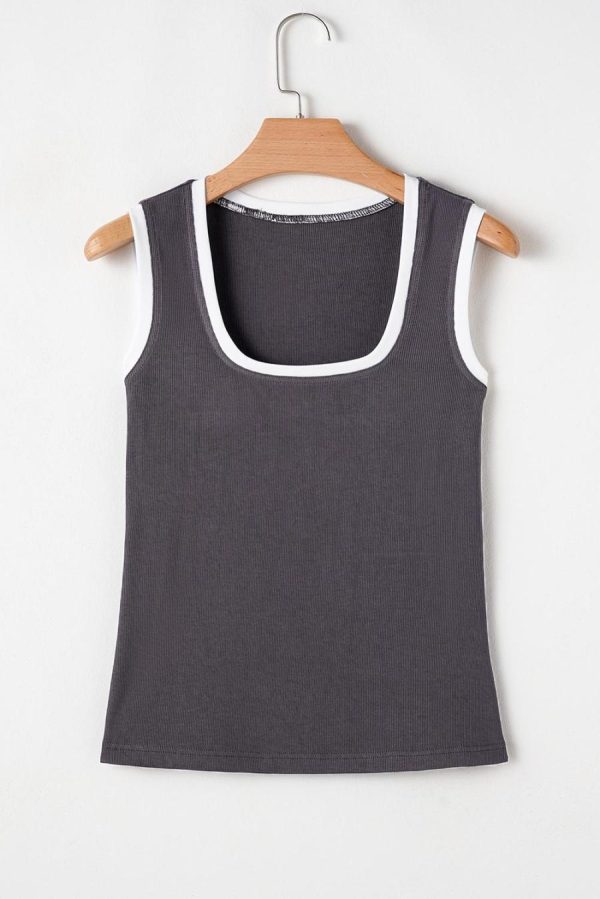 Women Sleeveless Tops | Carbon Grey Ribbed Knit Contrast Edge U Neck Slim Fit Tank Top - Image 5