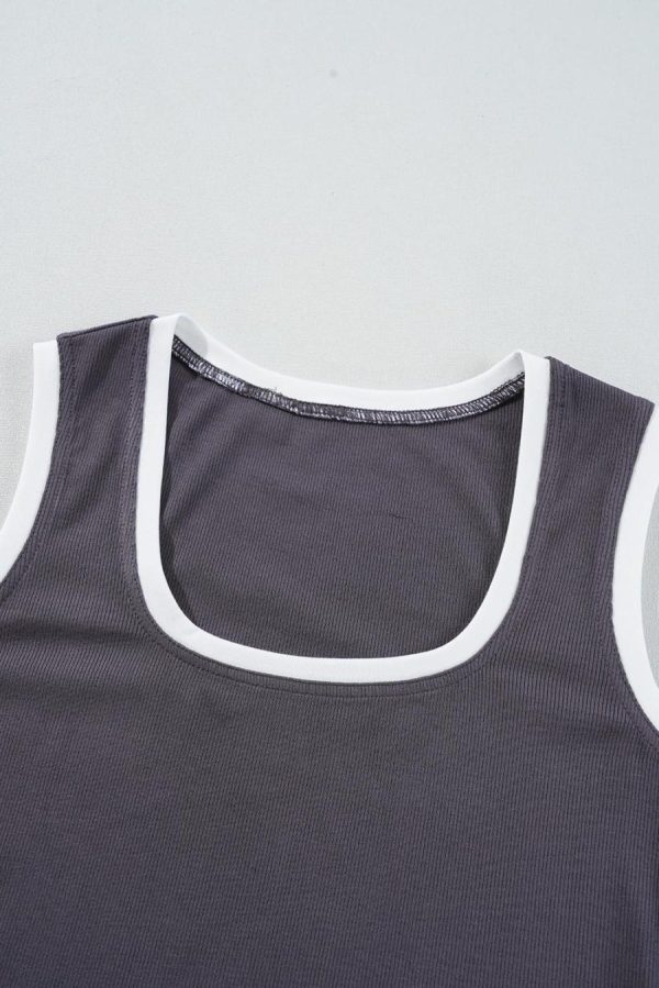 Women Sleeveless Tops | Carbon Grey Ribbed Knit Contrast Edge U Neck Slim Fit Tank Top - Image 7