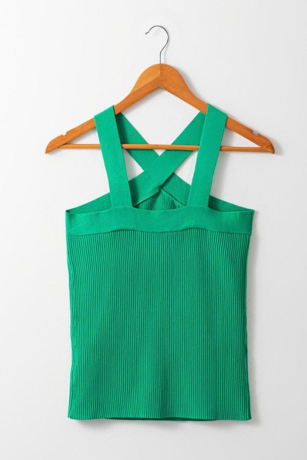 Women Sleeveless Tops | Dark Green Ribbed Criss Cross Halter Neck Sheath Sweater Tank Top - Image 6