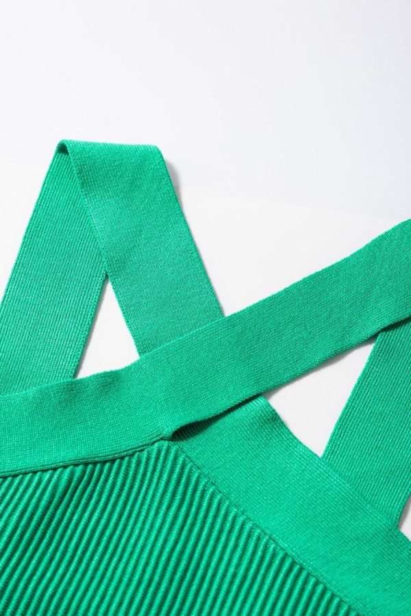 Women Sleeveless Tops | Dark Green Ribbed Criss Cross Halter Neck Sheath Sweater Tank Top - Image 7