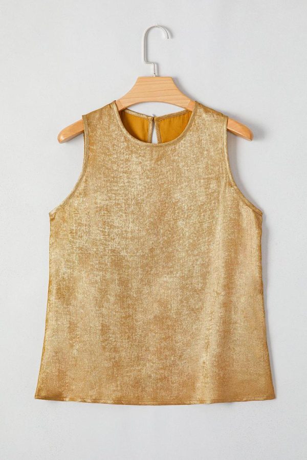 Women Sleeveless Tops | Gold Sheen Round Neck Textured Sleeveless Top - Image 4