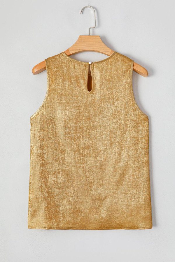 Women Sleeveless Tops | Gold Sheen Round Neck Textured Sleeveless Top - Image 5