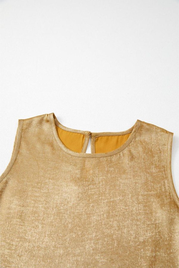 Women Sleeveless Tops | Gold Sheen Round Neck Textured Sleeveless Top - Image 6