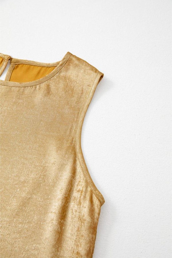 Women Sleeveless Tops | Gold Sheen Round Neck Textured Sleeveless Top - Image 7