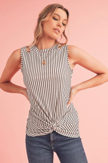 Women Sleeveless Tops | Gray Striped Cutout Twist Front Tank Top