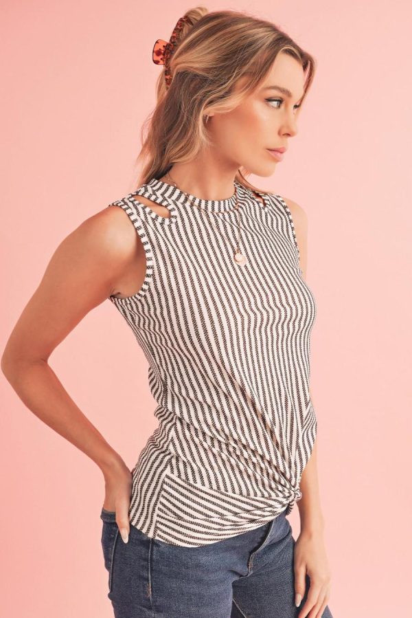 Women Sleeveless Tops | Gray Striped Cutout Twist Front Tank Top - Image 2