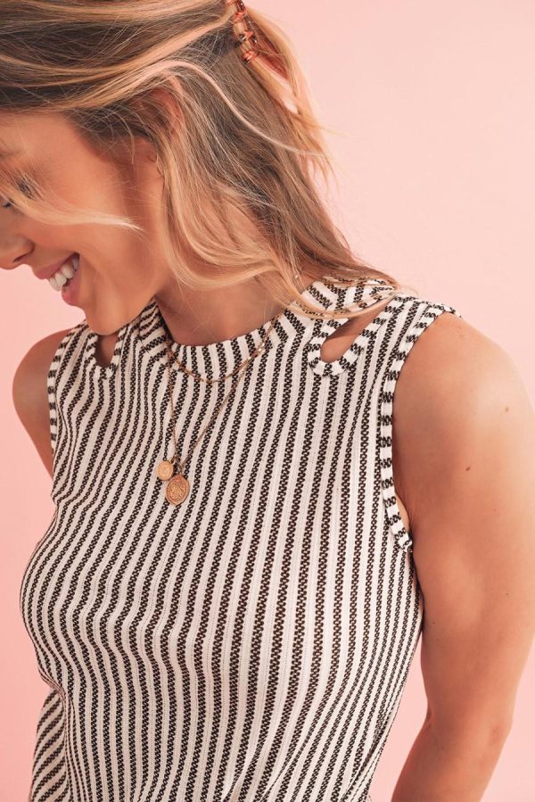 Women Sleeveless Tops | Gray Striped Cutout Twist Front Tank Top - Image 4